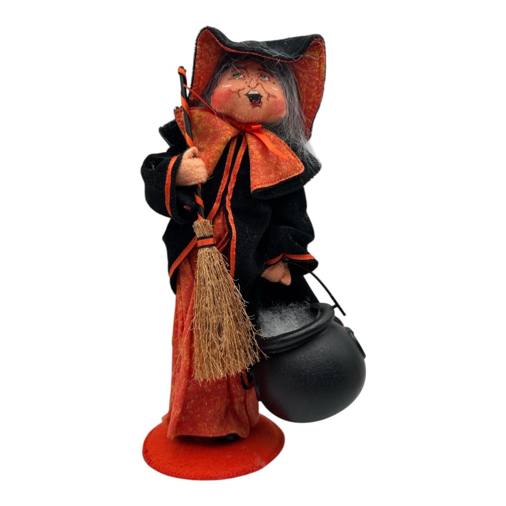 Vintage 2009 Annalee Halloween Witch with Cauldron Broom Orange and Black 12"